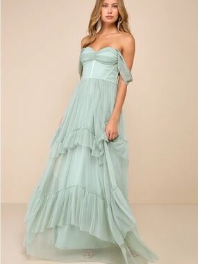 Lulu’s Stunning Personality Sage Green Mesh Off-the-Shoulder Maxi Dress